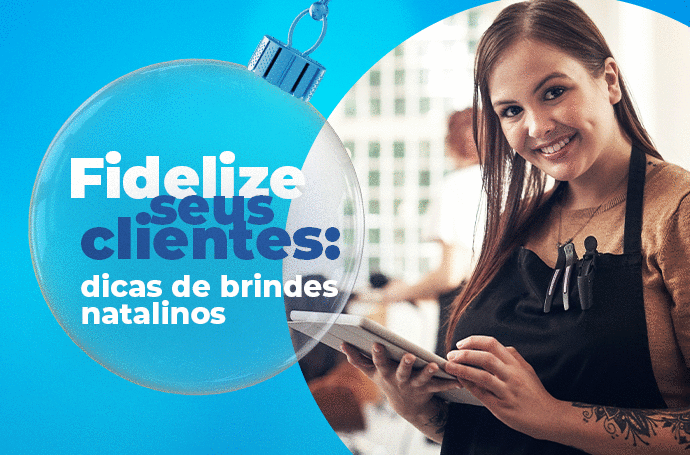 Mulher esteticista com legenda "Fidelize seus clientes: dicas de brindes natalinos".